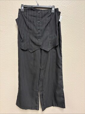 Women's Black Pinstripe Wide-Leg Pants with Buttoned Waist Panel with vest